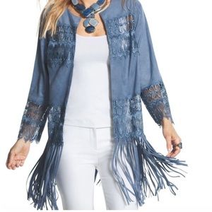 Chicos Topper Blue Lace Boho Western Faux Suede Size 0
